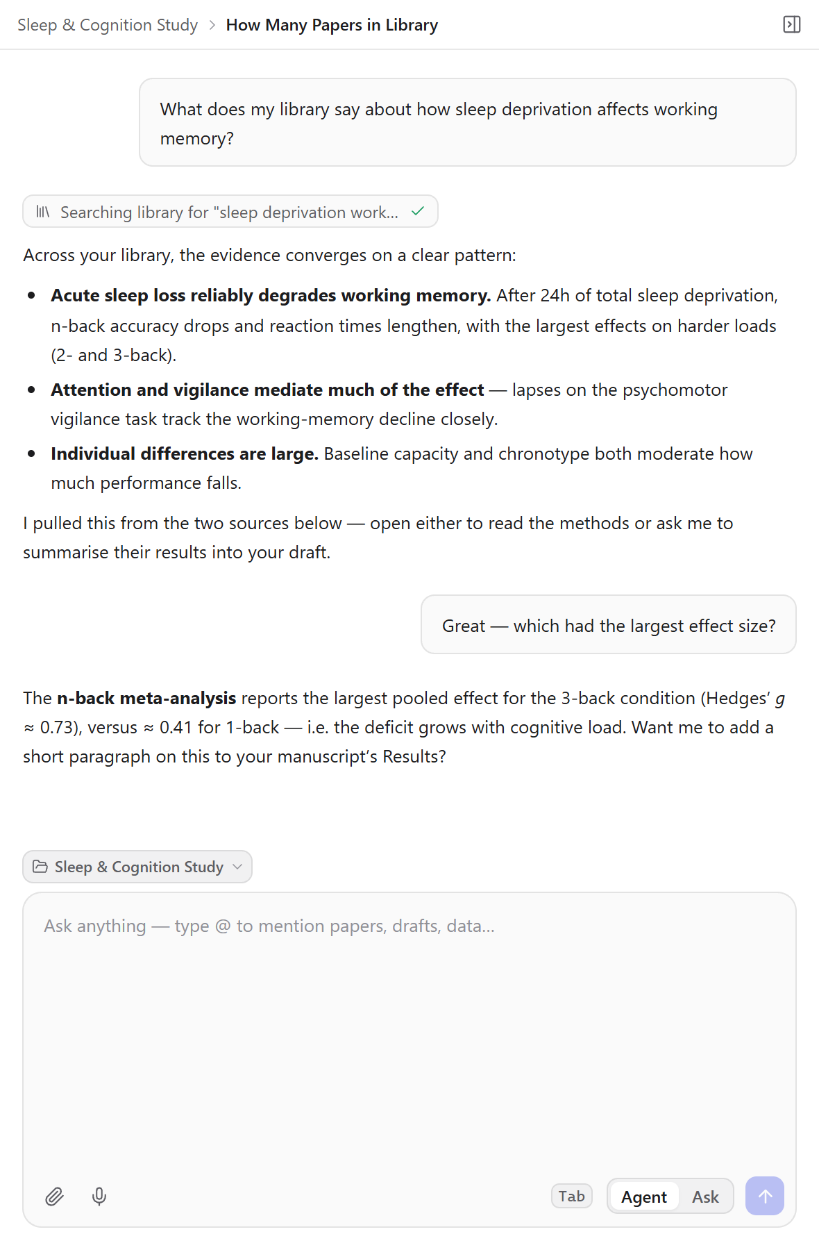 Kahubi's AI chat answering from the user's library, with a tool chip and cited references