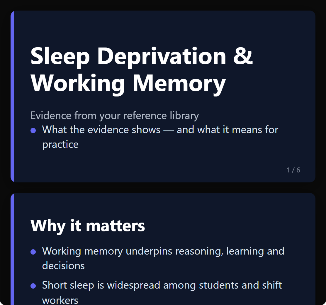 AI-designed presentation slides generated from your sources in Kahubi