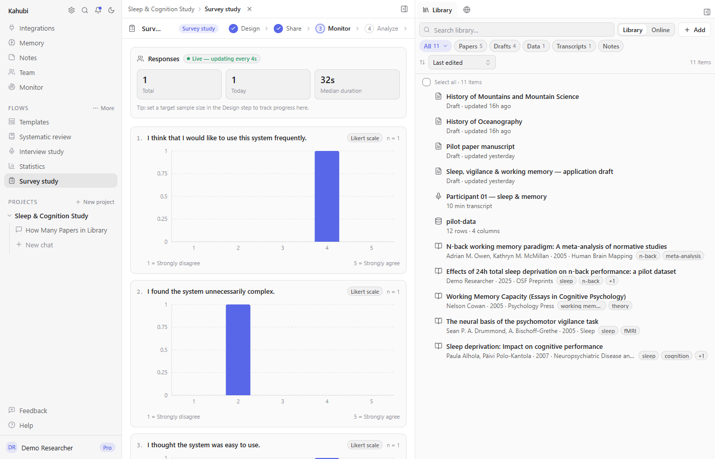 Kahubi’s live survey dashboard charting responses as they arrive