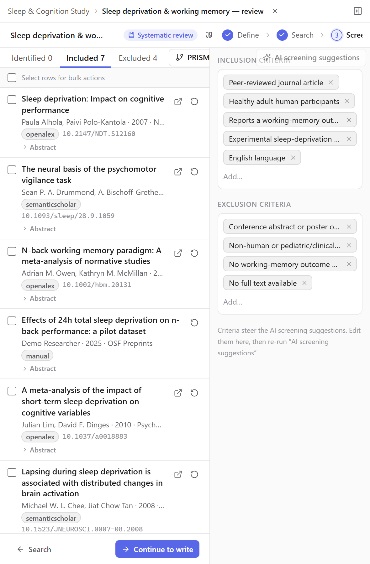 Kahubi's systematic review flow: a screened paper table with included/excluded badges and the review criteria